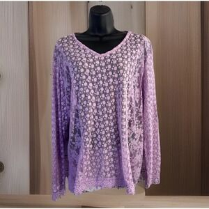 Vintage Y2K Lace Top Pink Purple Sheer L Embroidered Romantic Feminine Whimsical